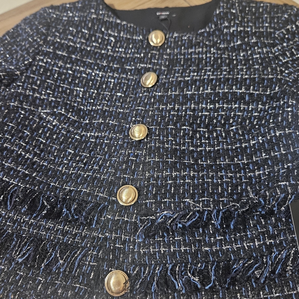 Womens Navy Tweed Fringe Button Jacket - Picture 4 of 4